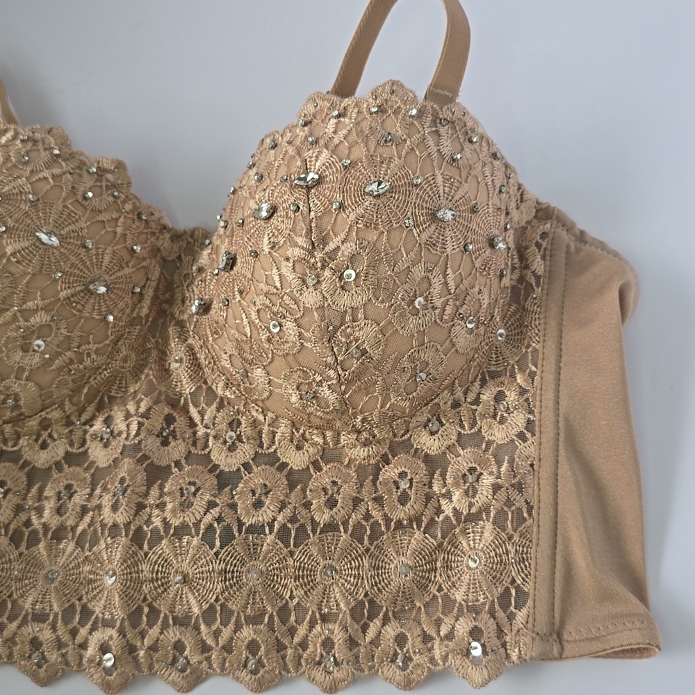 Windsor Daring Embellished Bra Beaded Corset Bustier Beige Crop Top Bling Sz M - Picture 3 of 11